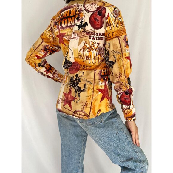 90s vintage panhandle western cowboy rodeo graphic music print button up shirt - Picture 4 of 10